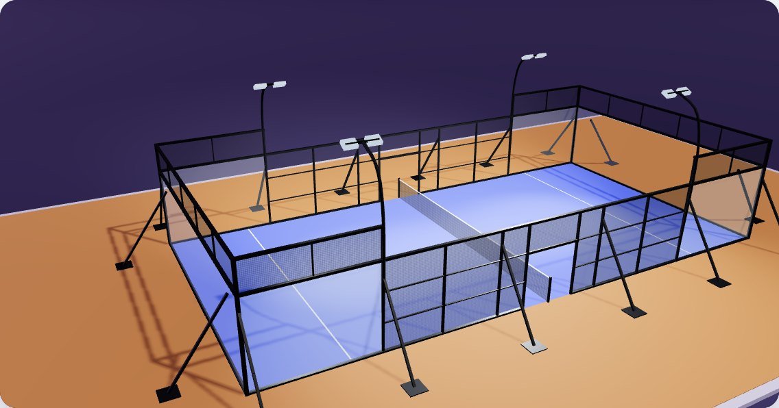Maquette 3D d'un terrain de padel autoportant sur plancher : colonnes contreventées par des jambes de force, sans fondation