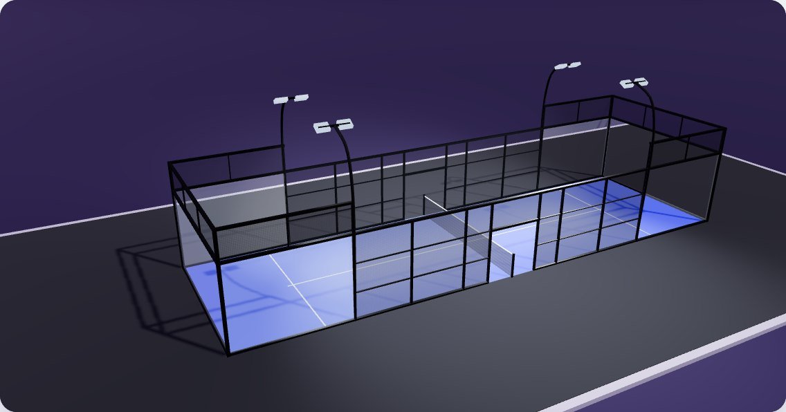 Maquette 3D d'un terrain de padel single panoramique de 20 × 6 m