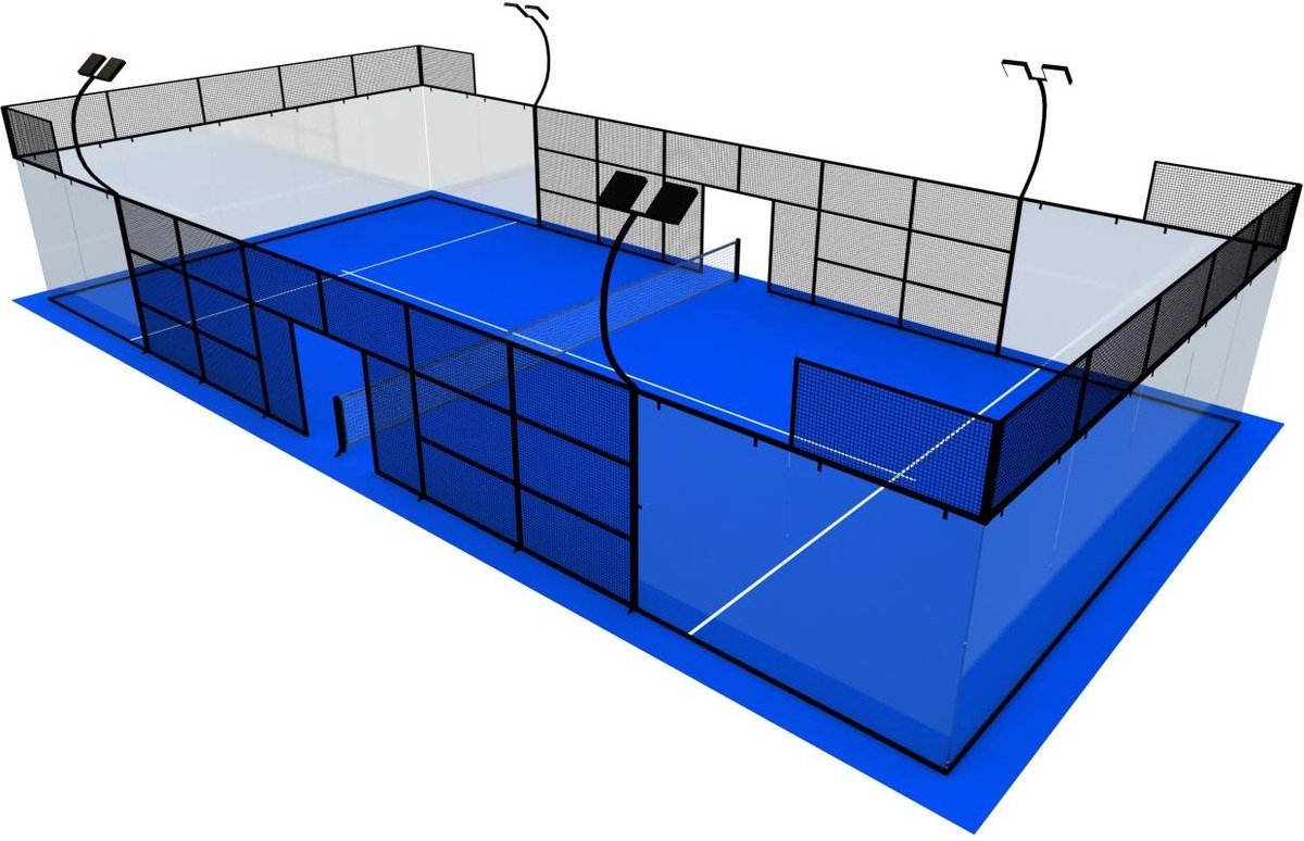 Maquette d’un terrain de padel panoramique : ossature acier galvanisé, vitrage trempé, gazon bleu, aire de jeu de 20 × 10 mètres
