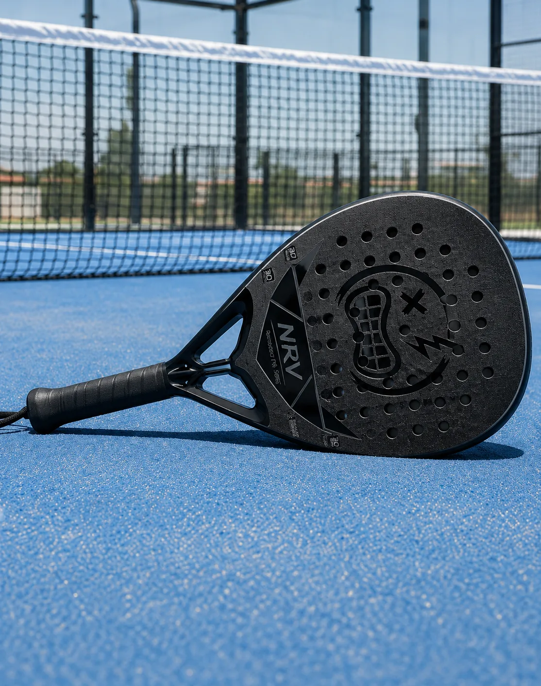 Raquette NRV Phantom posée sur un terrain de padel